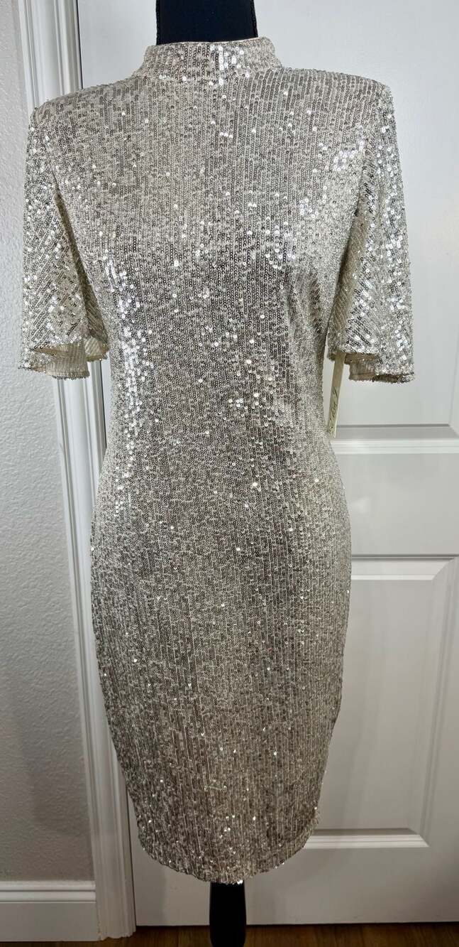 Eliza J Sequin Flutter Sleeve Sheath Dress in Silver - Picture 1 of 12